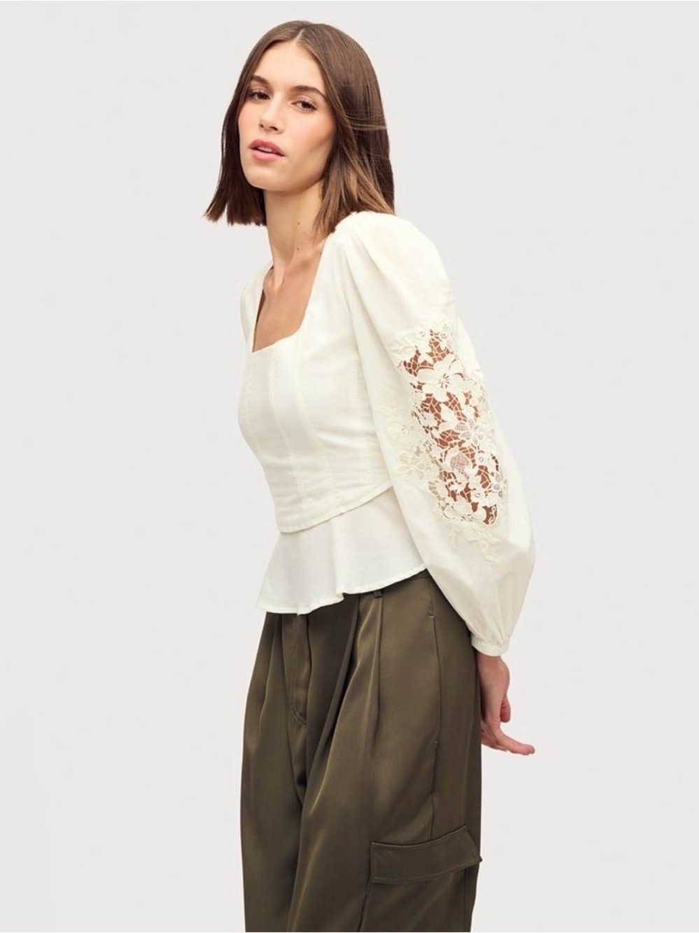Sam Edelman Lainey Lace Sleeve Peplum Top Cotton Blouse NWT Size XS - Picture 2 of 12